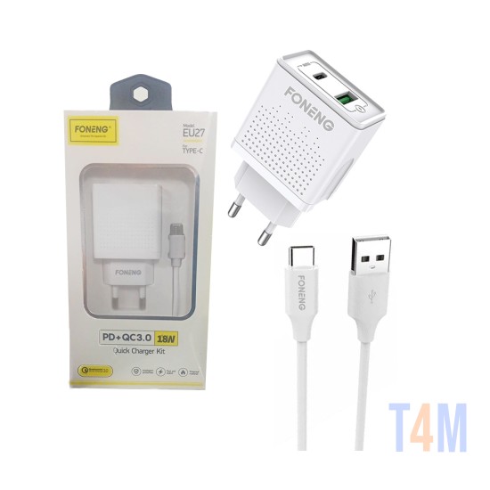 Carregador Rápido Foneng EU27 com cabo Tipo C Dual USB 18W Branco